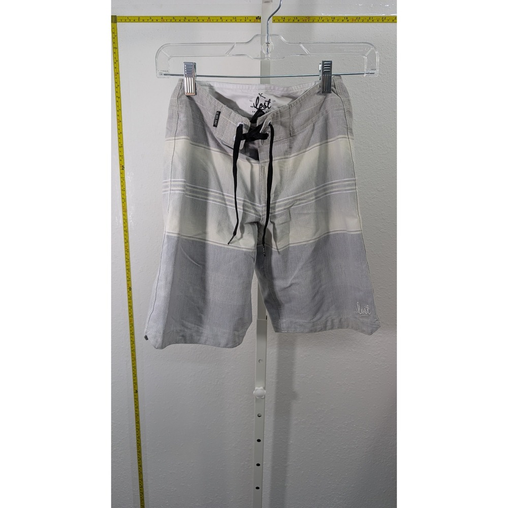 Lost Enterprises Mens Board Shorts Size 24 Grey White Striped Surf‎ Swim Trunks